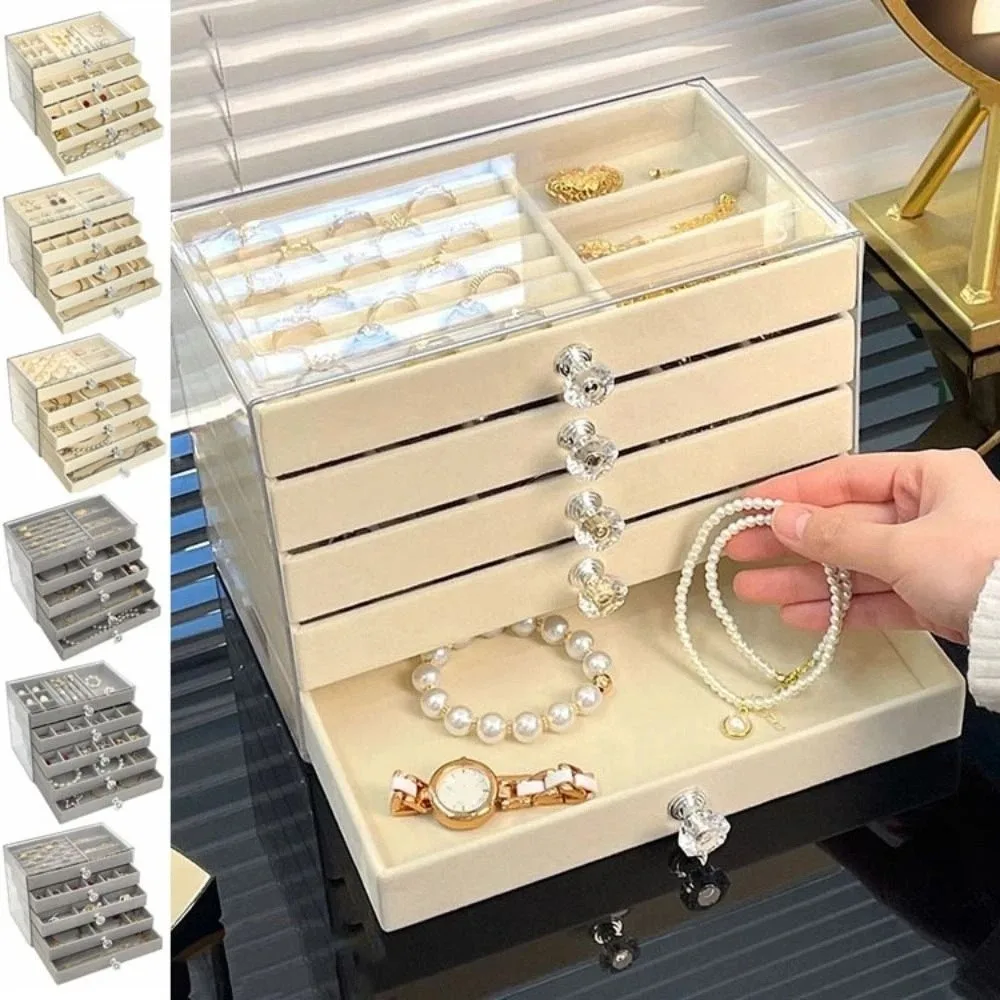 

Large Capacity Velvet Jewelry Box Earrings Necklaces Rings Bracelets Jewelry Storage Box Transparent Multi-layer