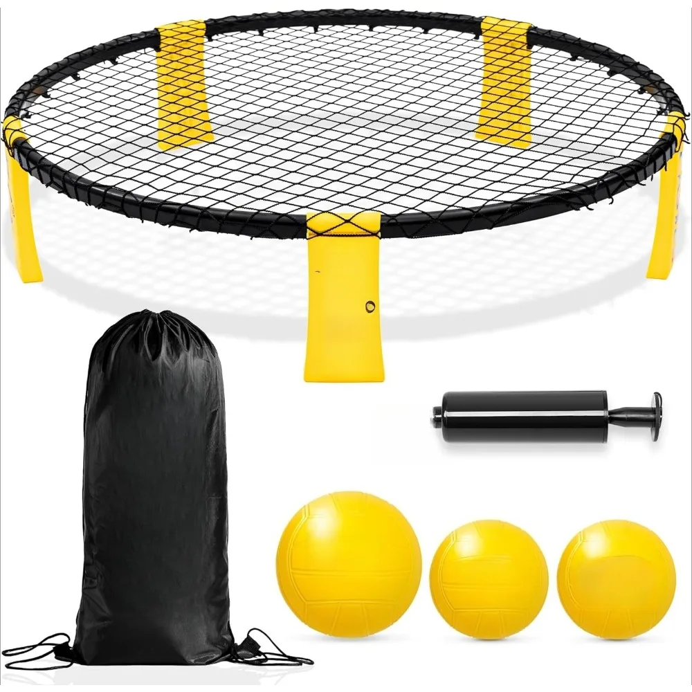 Outdoor Beach Ball Game Includes 3 Balls, Net and Carrying Bag -Roundnet Game Set for Adults, Kids, and Family