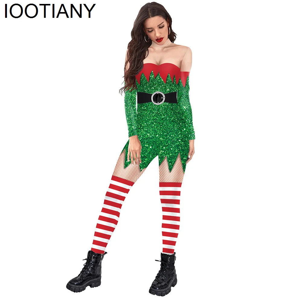 IOOTIANY Christmas Stripe 3D Print tuta da donna Carnival XMAS Party Costume Cosplay body adulti tutina natalizia abiti