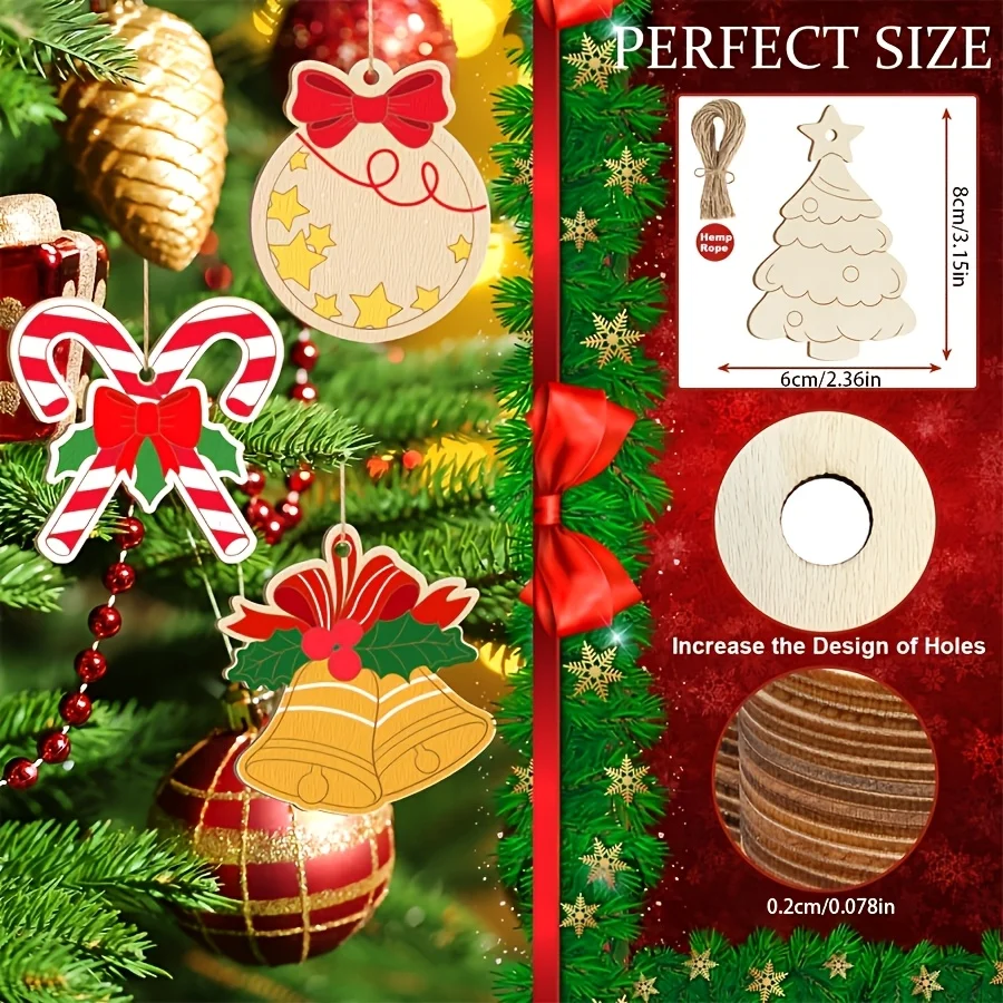 60PCS Wooden Christmas Ornament, 30 Wood Slices with Strings, 8 Styles DIY Blank Cutout, Winter Craft Hanging Decor