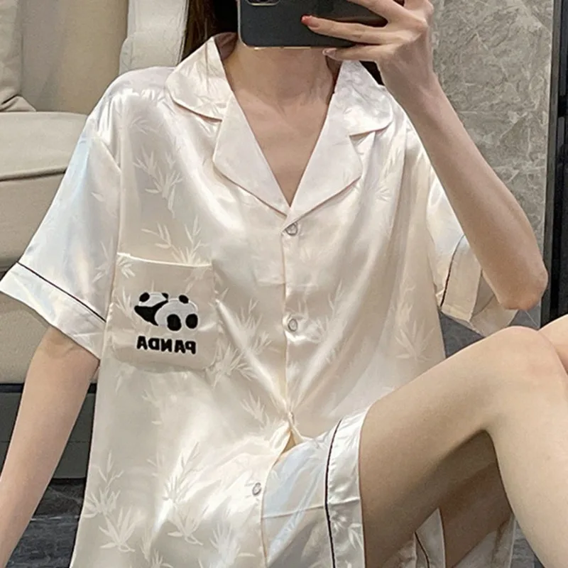 Women Summer Thin Ice Silk Pajamas Set Cute Panda Cardigan Short Sleeve Shorts Loungewear Suit New Baggy Cool Outside Sleepwear