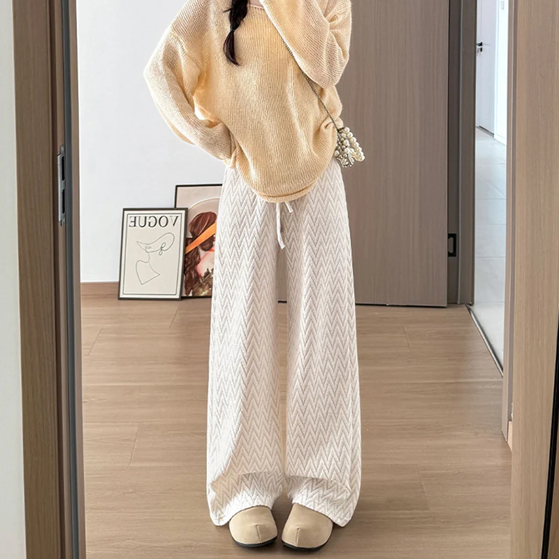 الخريف الشتاء رشاقته الدافئة شريط مستقيم السراويل النساء Harajuku الاتجاه فضفاض واسعة الساق بانت عالية الخصر الدانتيل متابعة محبوك بنطلون #1