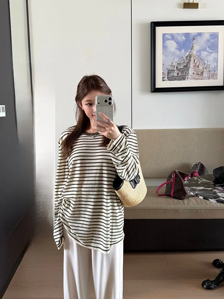 

Loose Fit Long Sleeve Linen Knitwear Women's Summer Thin Sun Protection Casual Style round Neck Striped Pattern Breathable