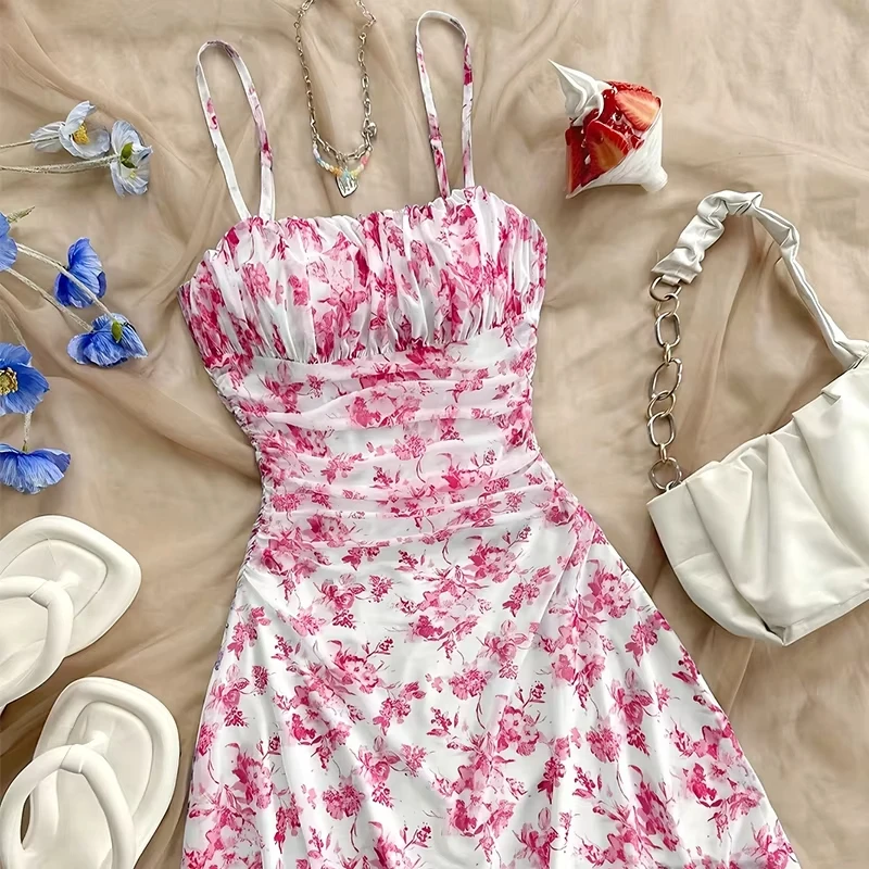 Sommer Frauen Floral Mini Kleid Mode Falten Hohe Taille Sexy Backless Slip Kleider Urlaub Stil Sling Strand Sommerkleid