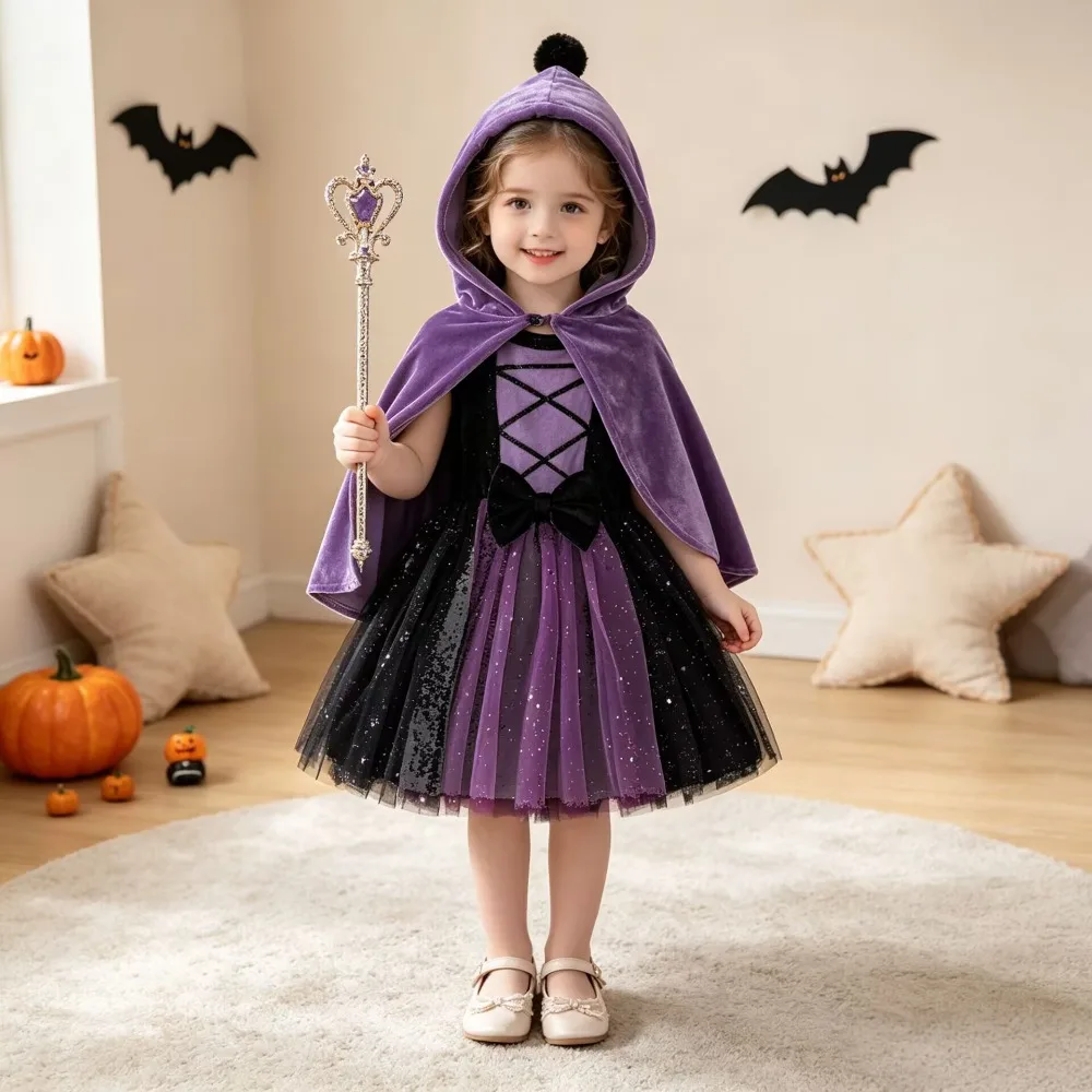 Disfraz de bruja de Halloween para niñas, conjunto de 2 piezas, vestido de tul brillante sin mangas con capa con capucha morada, disfraz de Halloween para niños