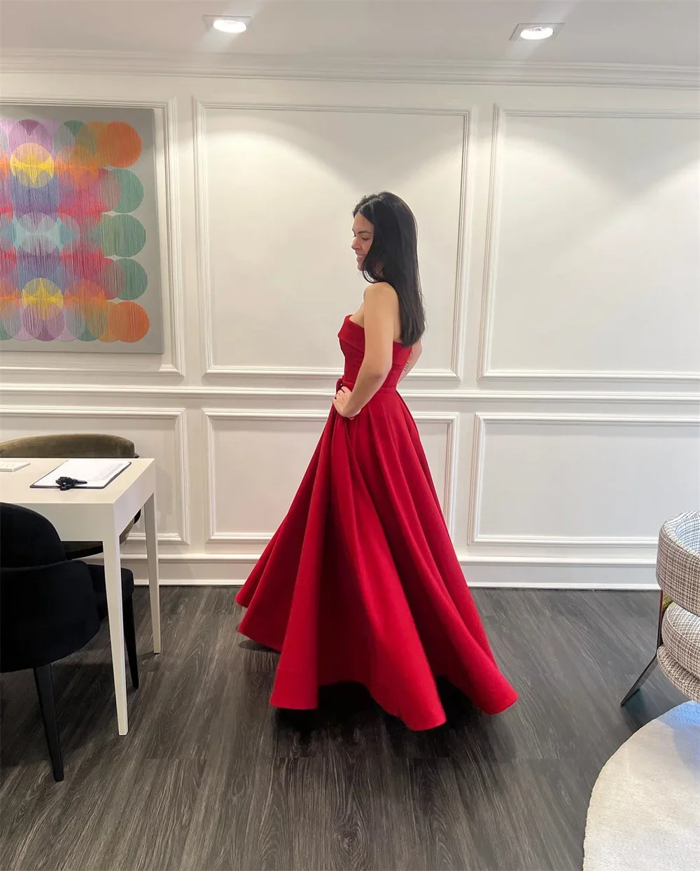 Robe de bal trapèze rouge sans bretelles, bretelles avec nœud, robe de soirée personnalisée en Satin, robes de soirée 2025