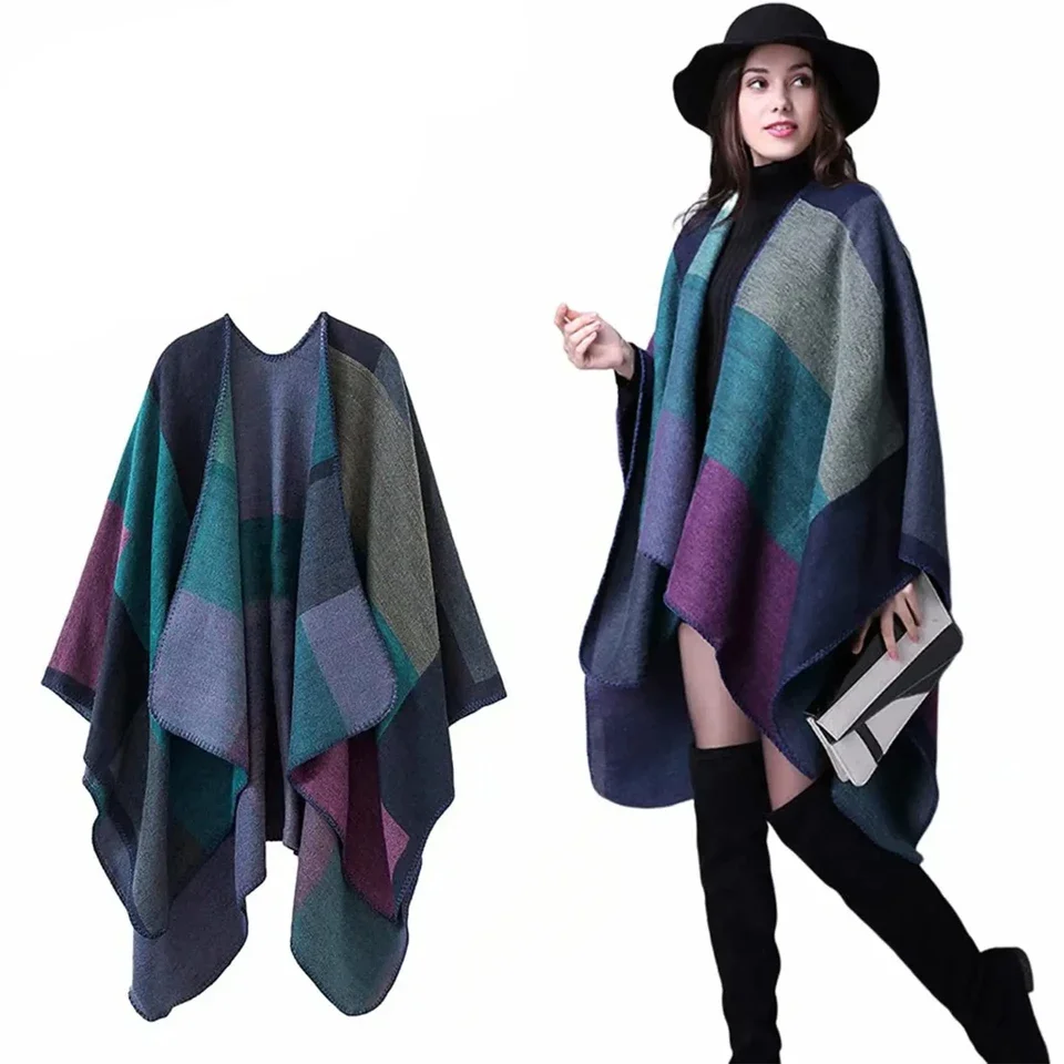 

2023 New Thicken Winter Shawl Wraps Cape Women Fall Ponchos Block Plaid Open Front Sweater Fleece Scarf Coat Holiday Outfits