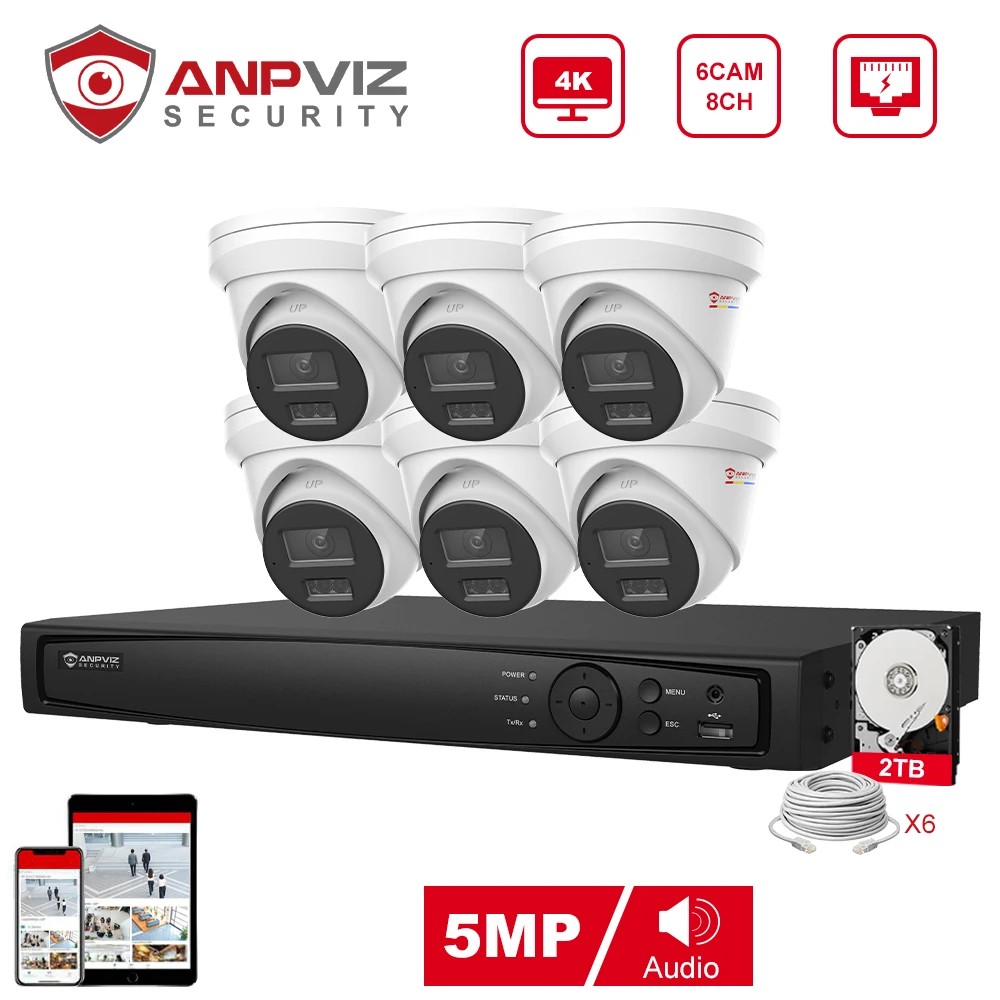 Anpviz 8CH 4K NVR 5MP POE IP Customized Camera Plug&Play System CCTV Outdoor Security Surveillance Kit Remote View H.265 IR 30m