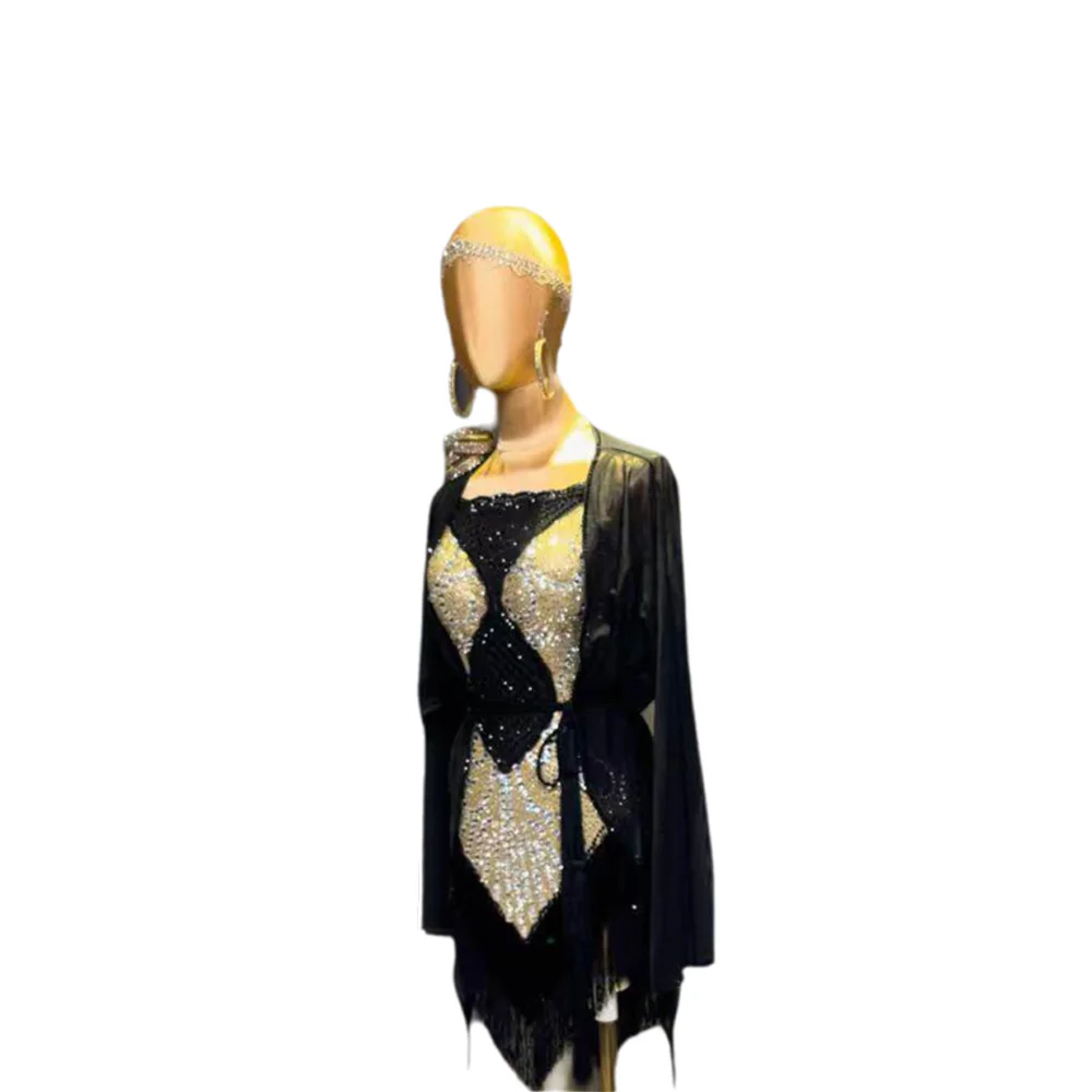 라틴 댄스 AB 스톤 여성 성인 어린이 고급 맞춤형 블랙 골드 블랙 풀 챔피언 삼바 공연 드레스