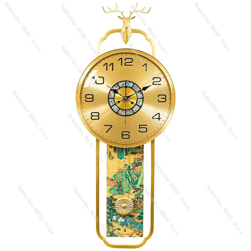 New Chinese-Style Brass Wall Clock,Elegant Living Room Decoration,Creative Jiangshan Chart Wall-Mounted Silent Quartz