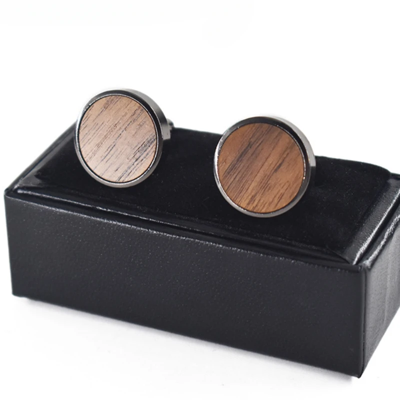 Men\'s French Shirt Cufflinks Round Wooden Black Copper Buttons Gentleman\'s Wedding Party Dress Jewelry Accessories Friend Gifts