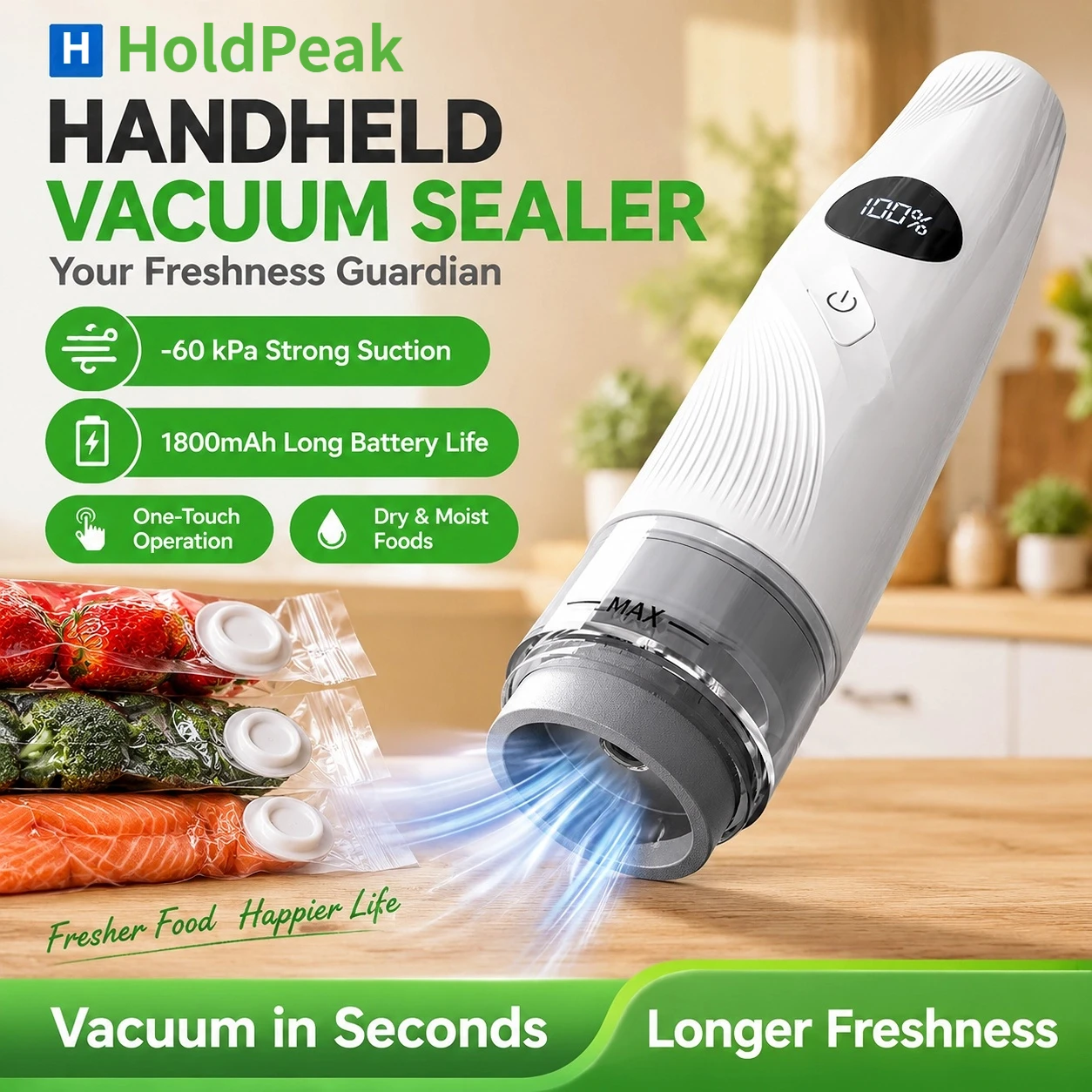 HoldPeak Handheld Vacuum Sealer Machine, 60kPa Strong Suction One-Touch Rechargeable Vacuum Sealer for Dry & Wet Food Storage