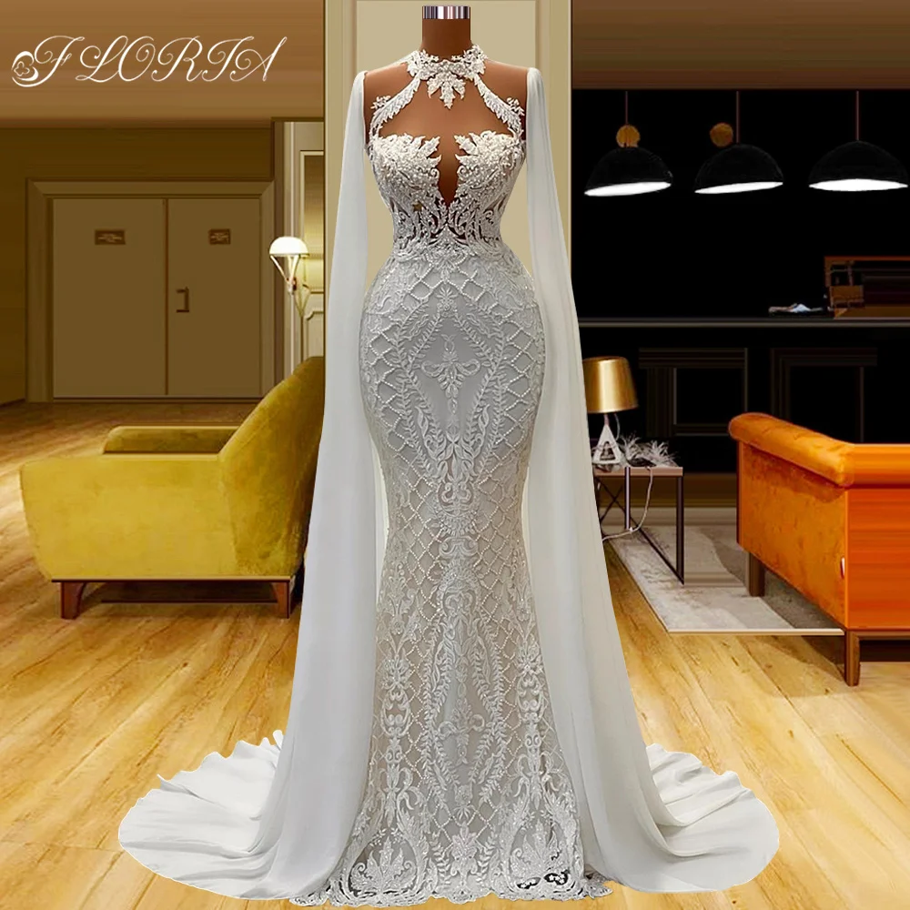 Elegant White Beaded Applique Lace Wedding Dress with Wrap Sleeve High Neck Mermaid Evening Party Wear Plus Size Robes De Mariee