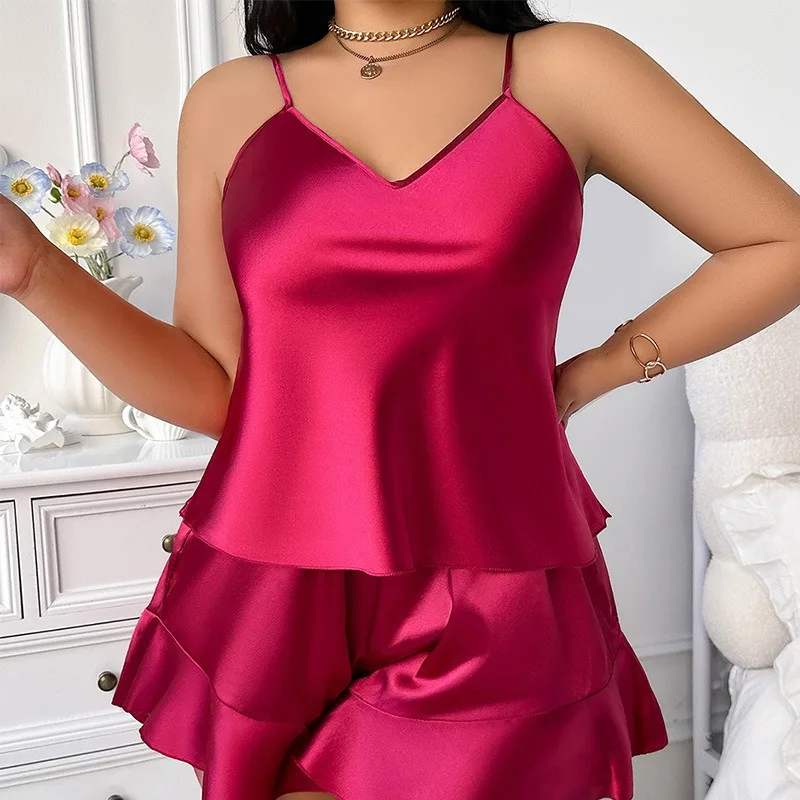 Plus-size Women's Silk Satin Loungewear Set V-Neck Camisole Ruffled Shorts Two-Piece Comfortable Elegant Sleepwear All Seasons