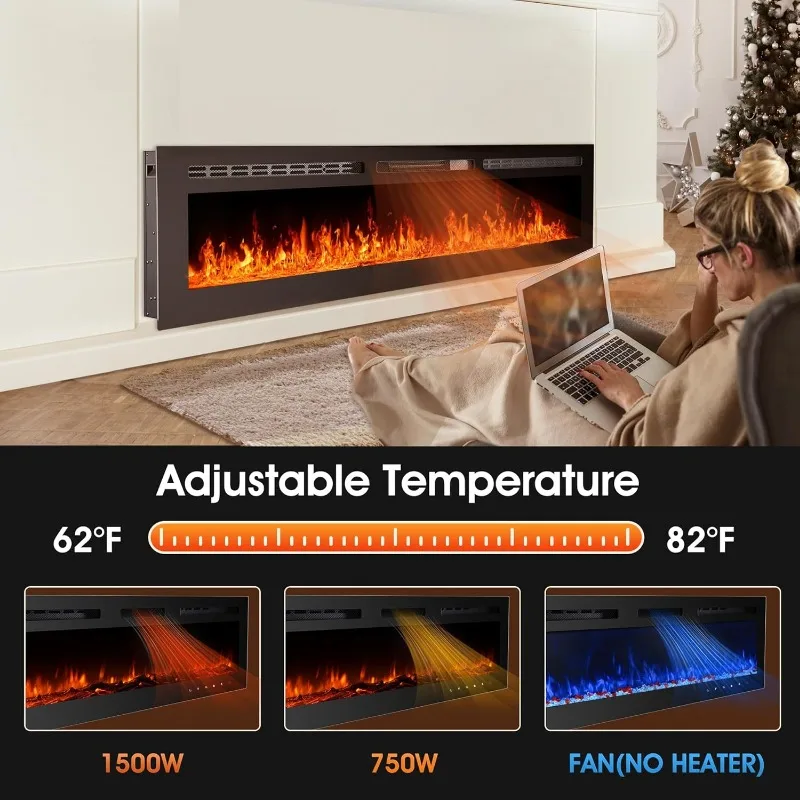 80 inch Ultra-Thin Electric Fireplace Recessed Wall Mounted Touch Screen Control Panel/Remote Control-Timer,Realistic 5 Flame