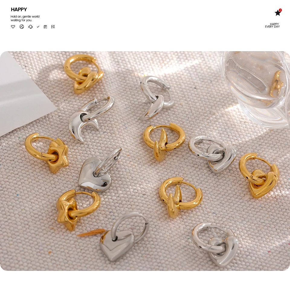 Yhpup Stern Mond Herz Anhänger Tropfen Creolen Huggie Ohrringe 18 Karat vergoldet trendiger wasserdichter Edelstahl Mode Charm Schmuck – Detail 21