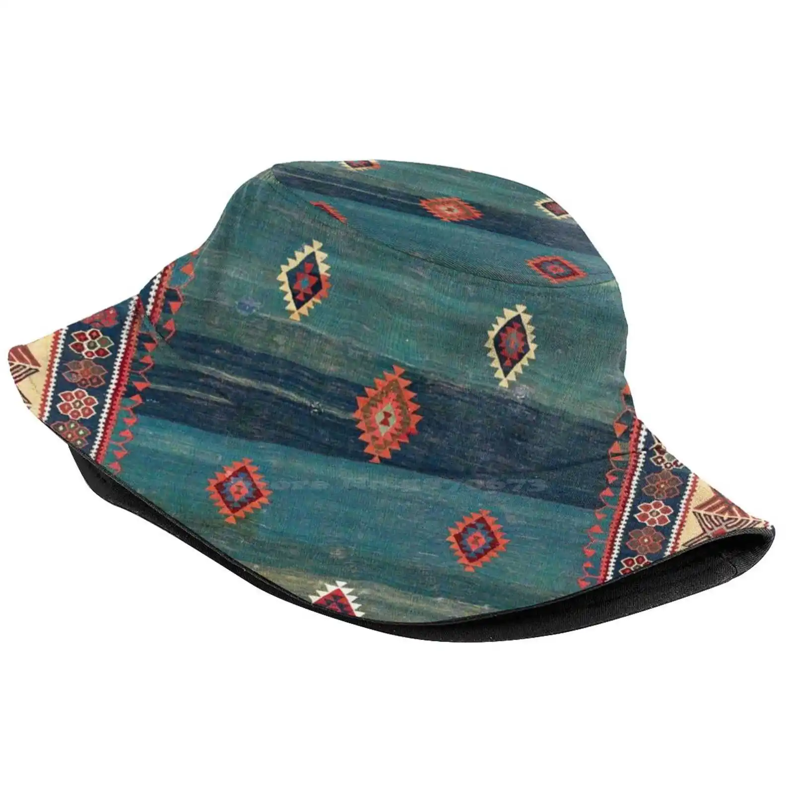 Sivas Antique Turkish Niche Kilim Print Sun Cap Fisherman Hat Bucket Hats Antique Vintage Rug Carpet Persian Ethnic Geometric