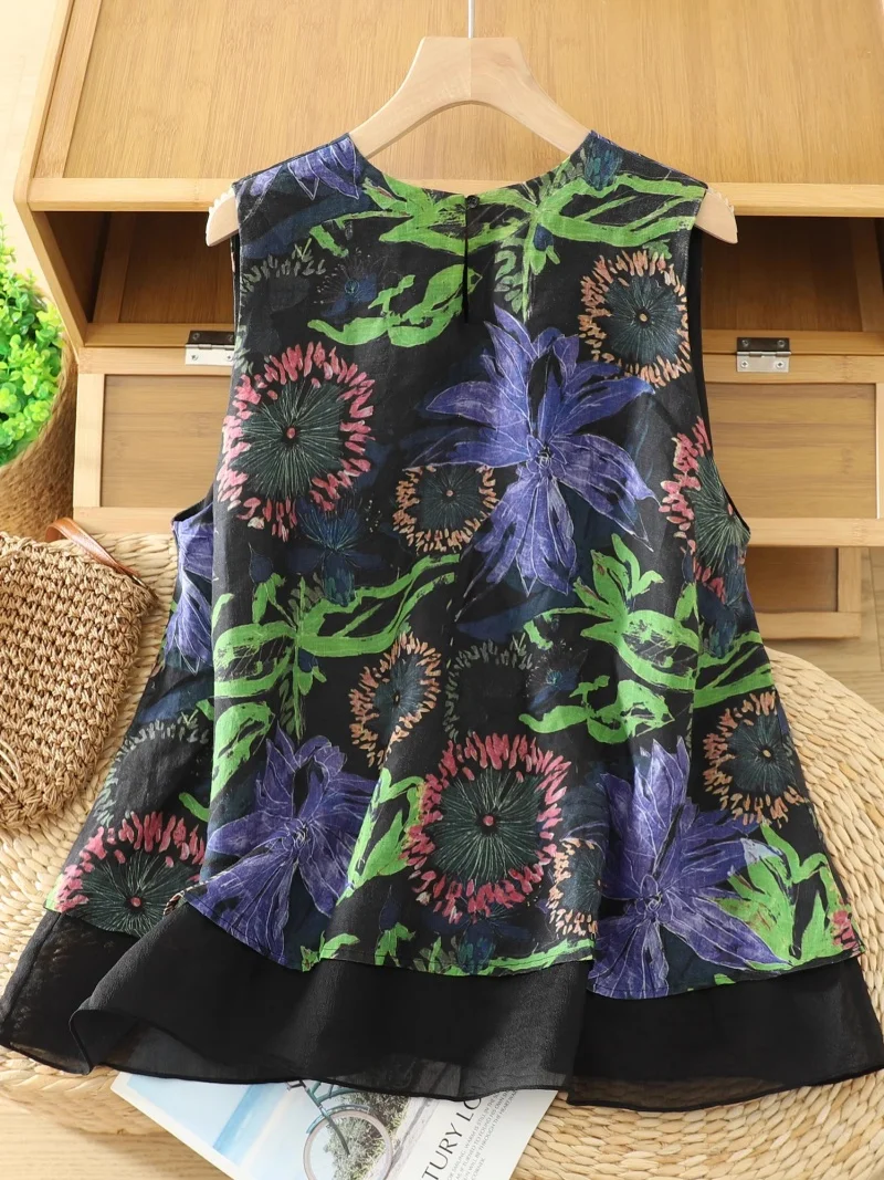 Artistic Retro Oil Painting Style Ramie Printed Sleeveless Shirt for Women Summer Thin Loose Tank Top w219