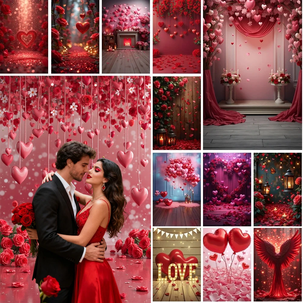 

MOON.QG Valentines Day February 14 Lover Backdrop Hanging Red Heart Rose Flower Photo Studio Background Party Decorations Poster