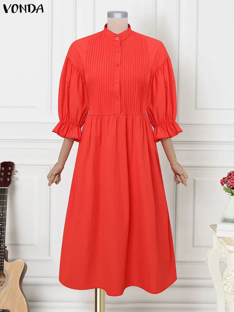 VONDA Plus Size Abiti lunghi eleganti Donna Autunno 3/4 Manica a lanterna Pieghettato Vestito estivo da festa Moda casual Abito lungo da sposa 5XL