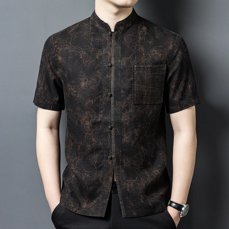 

Double-Sided Silk Frog Shirts For Men Short Sleeve Skin-Friendly Summer Quality Tang Costume Lightweight Satin Camisas De Hombre