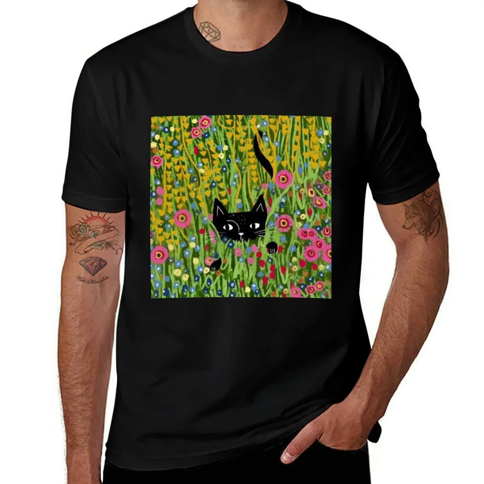A black cat hide in a Klimt garden T-Shirt Plus Size Quick Dry Sports Tee T-Shirt