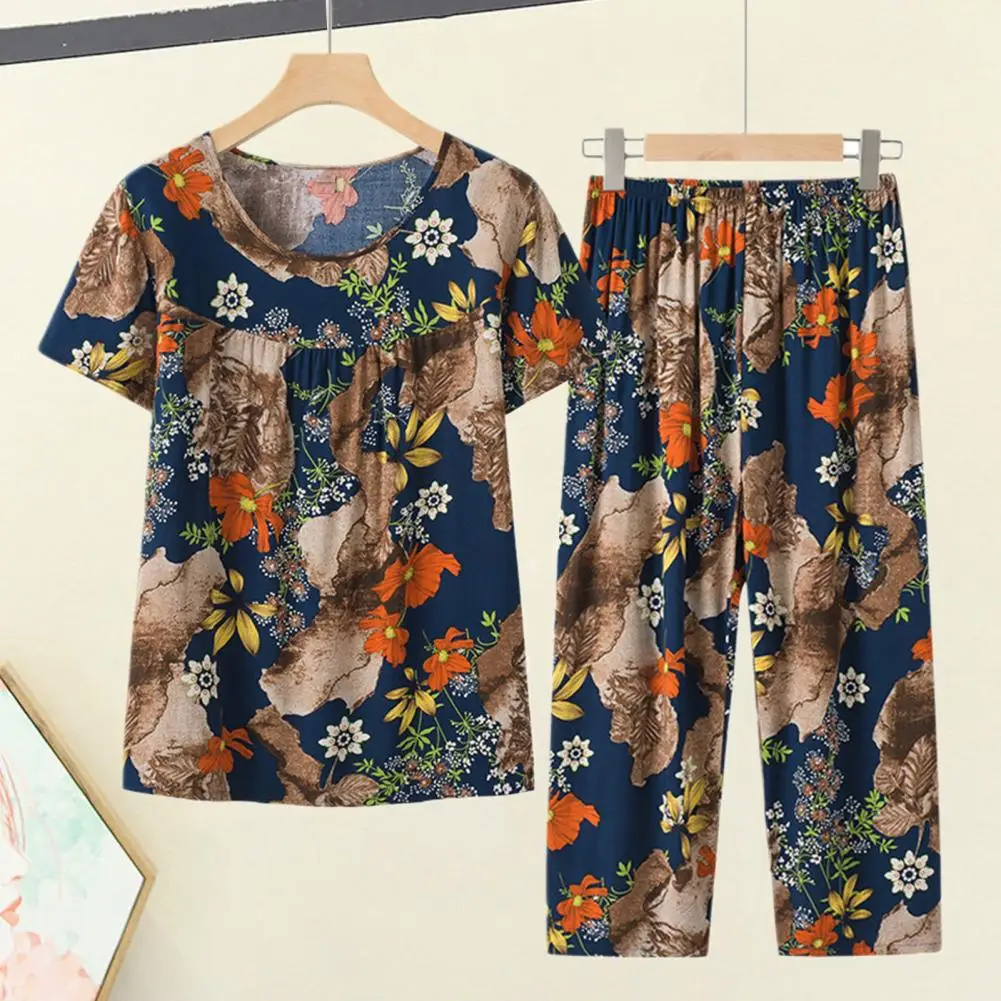 

Women T-shirt Pants Suit Flower Printed Women's Top Pants Set with Retro Style Elastic Waist Wide Leg Design for Comfortable