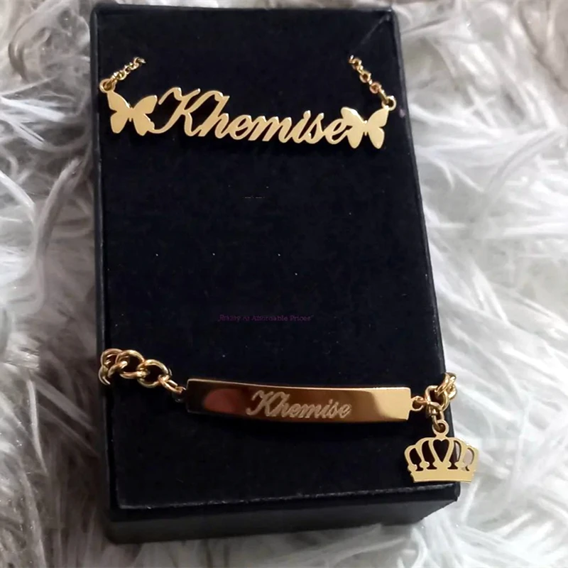 Custom Stainless Steel Name Necklace and Bracelet Set para Mulheres, Cor do Ouro, Coroa, Borboleta, Placa de identificação, Coração Jóias, Acessórios, Melhores Presentes