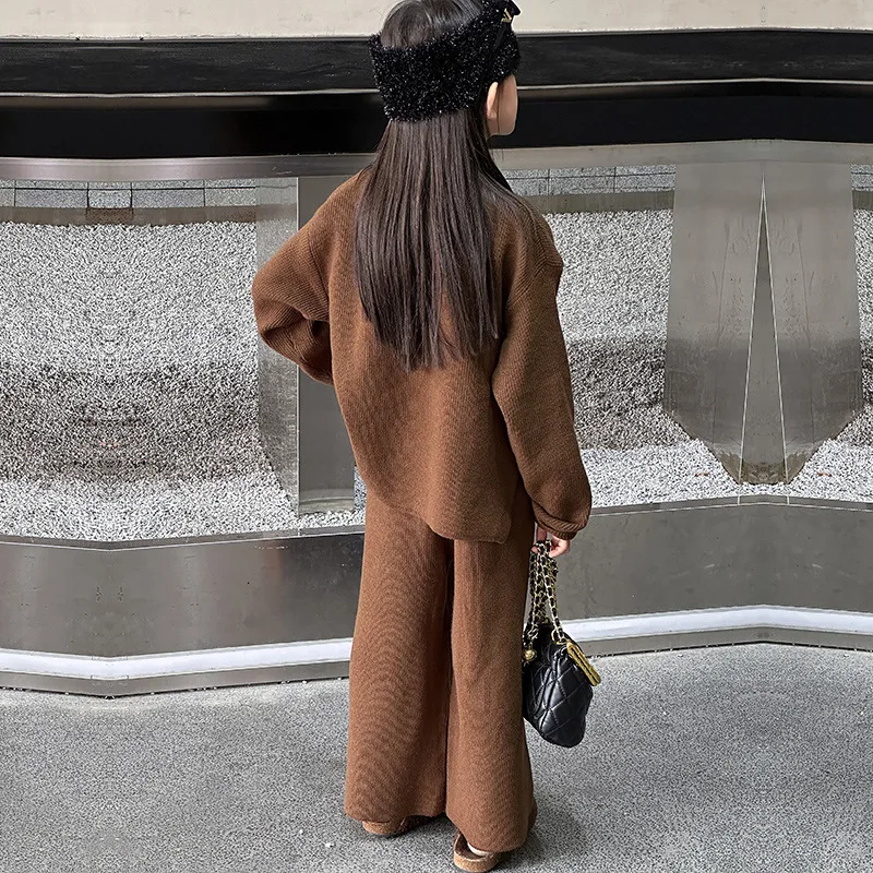 Girl Knitted Clothes Set Outfit Teenager Sweaters Wide Leg Pants Two Pieces Children kids Brown Suits 8 10 12 14 ensemble fille
