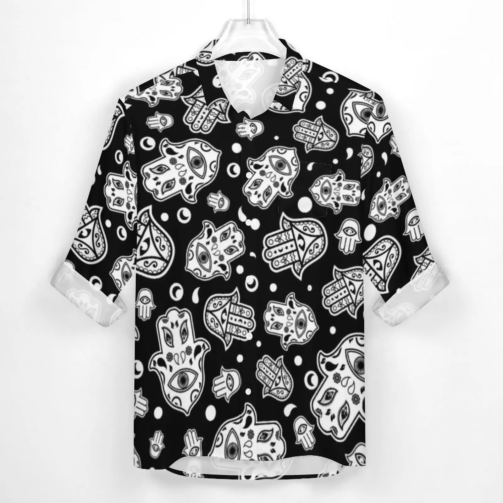 Black And White Hamsa Hand Shirt Spring Hand of Fatima Casual Shirts Man Vintage Blouses Long Sleeve Custom Y2K Tops 3XL 4XL