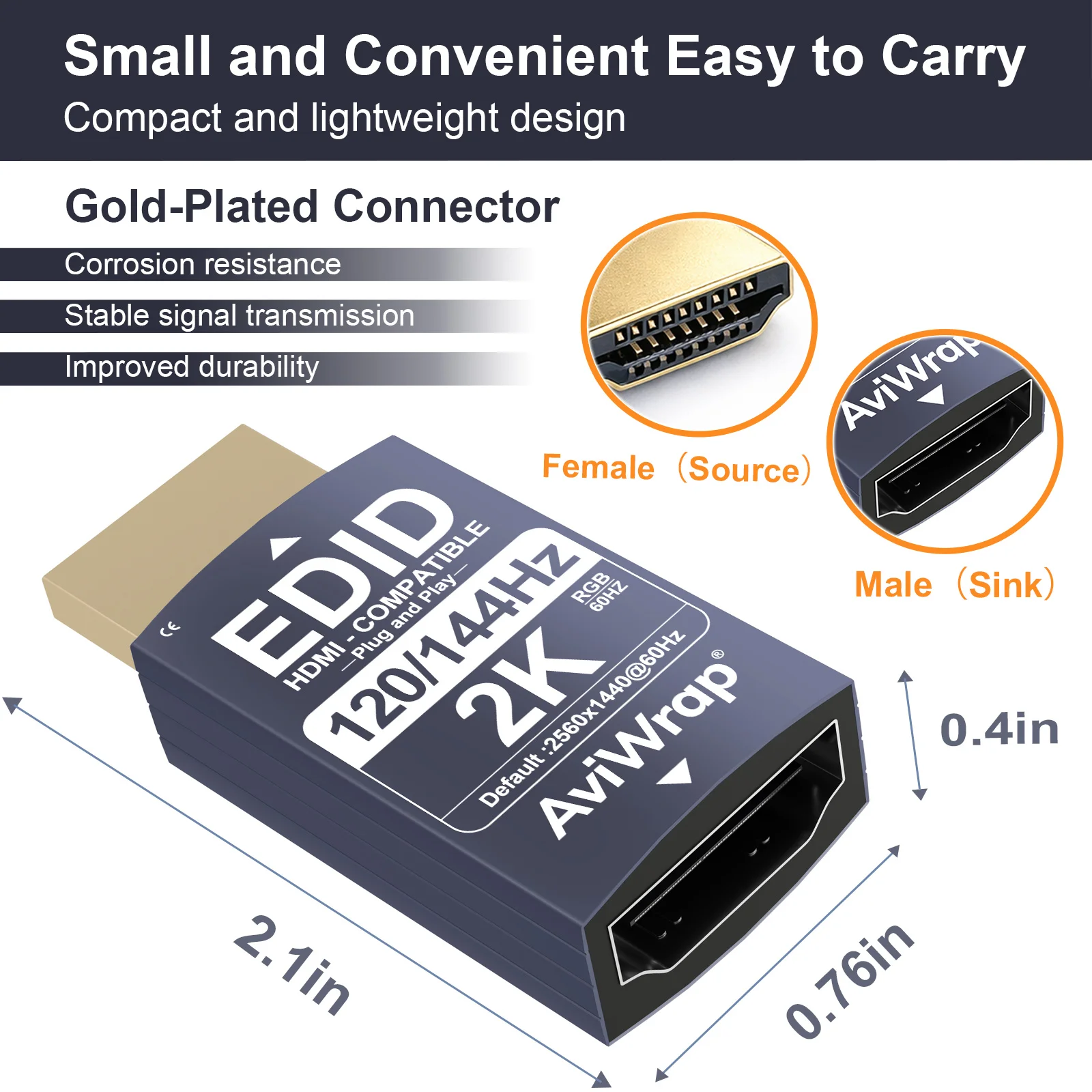 ‌HDMI EDID Emulator Passthrough,HDMI 2.1 Compact 1440p@144Hz Male to Female,1080p@120/144Hz for KVM Switches & HDMI Extender Kit