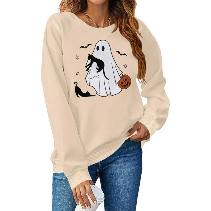 Kaus Halloween Wanita musim horor, Pullover bordir pola kucing hitam hantu lengan panjang krem