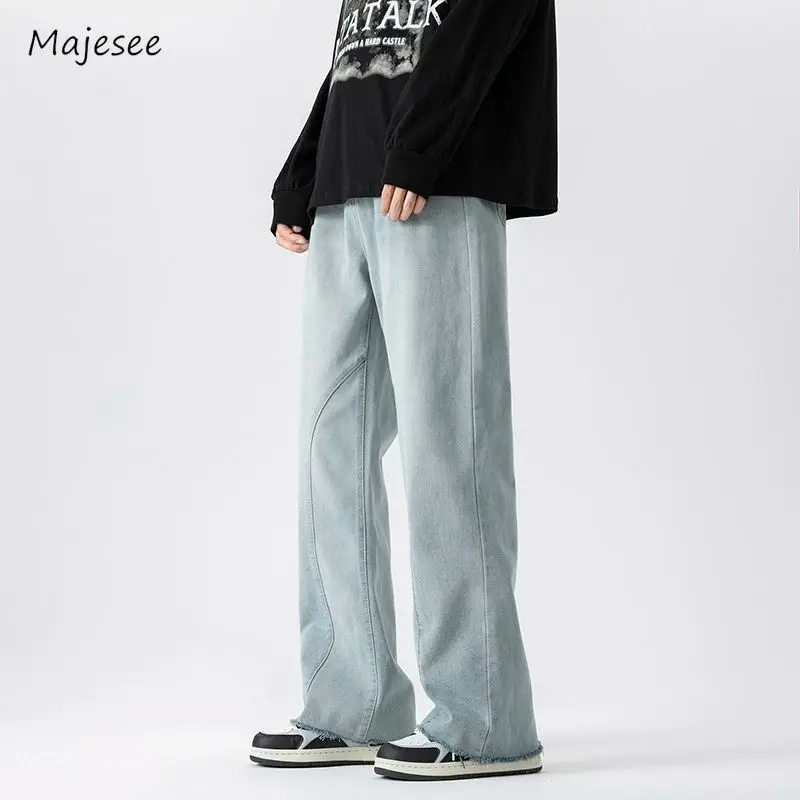 Men Straight Jeans Harajuku Full-length Fitting Simple Solid All-match American Style Streetwear Classical Leisure Daily Spring