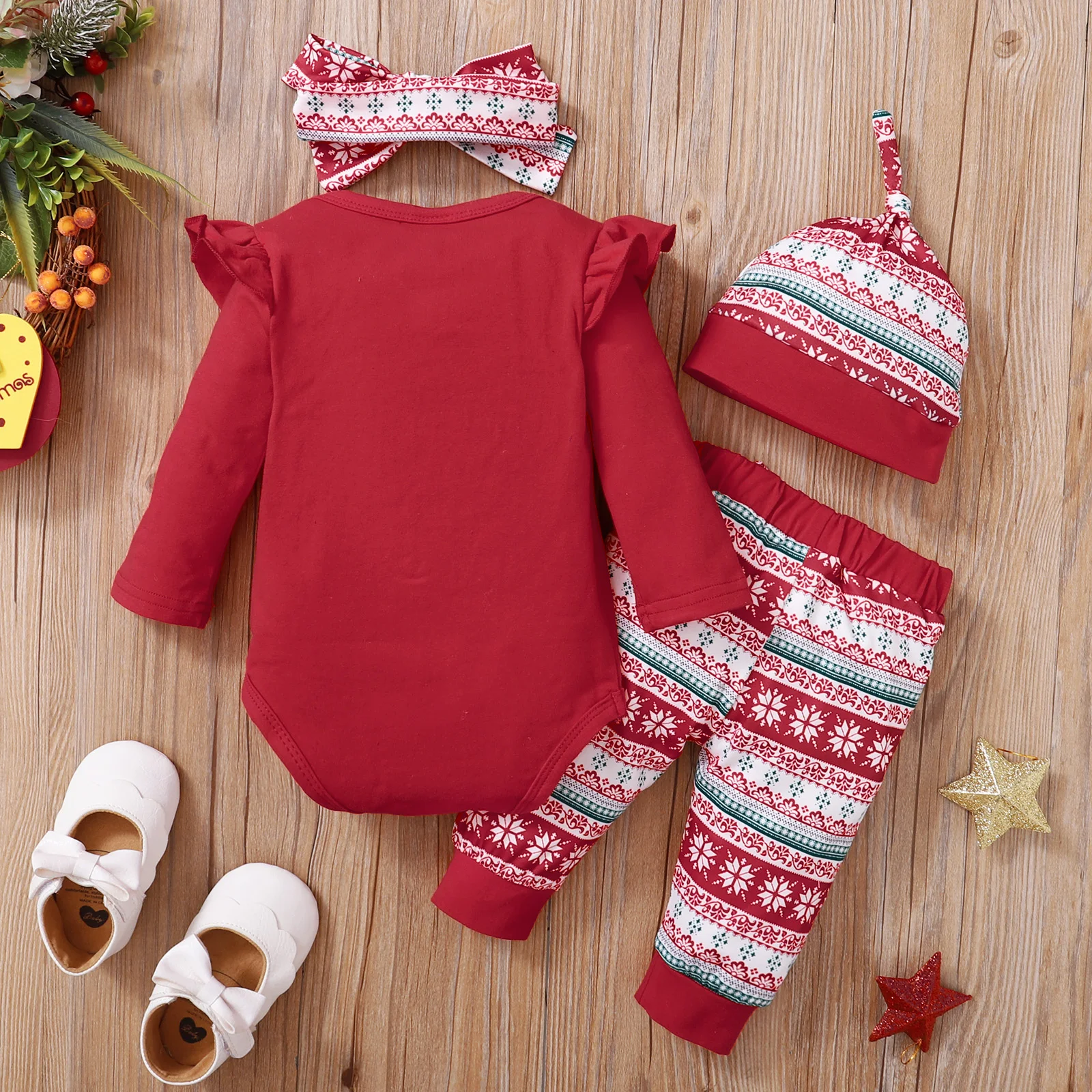 Newborn Baby Girl Christmas Set Christmas Elements Letter Bodysuit+Pants+Headband+Hat Suitable 0-18 Month Baby Girl Holiday Set