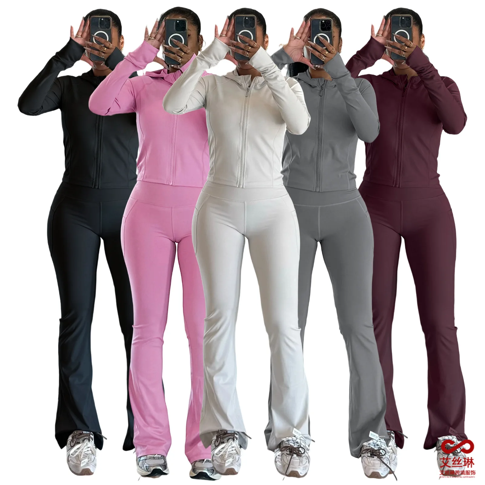 

Women Activewear Fall Winter Fitness Yoga Sport Two Pieces Set With Hooded Crop Top And Flare Pants Women Workout Tracksuit Set