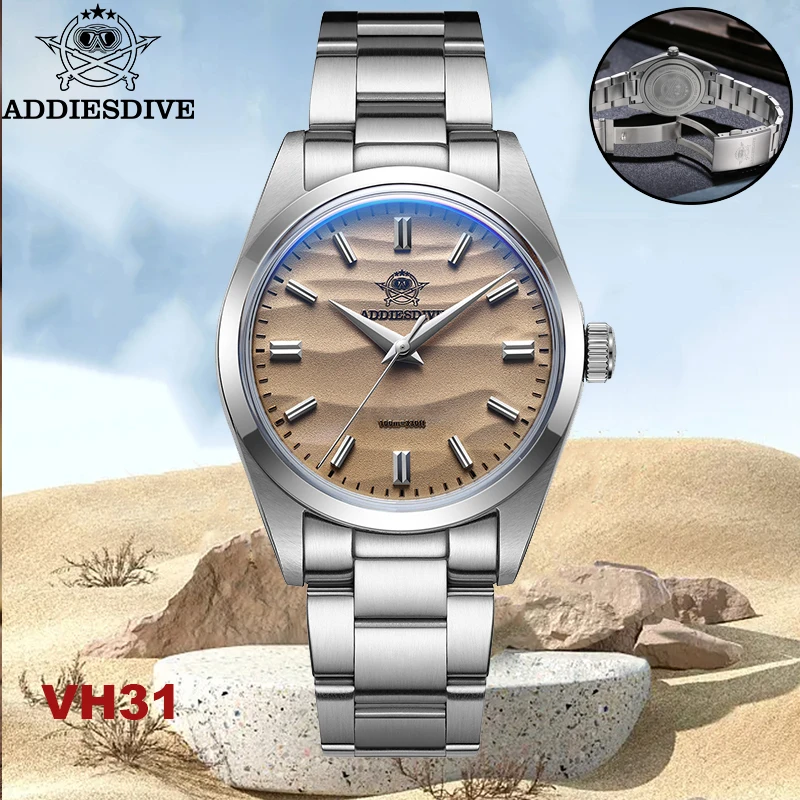 ADDIESDIVE Top Sale 36MM Men's Watch Original Design Sand Dial VH31 Quartz Watches Bubble Mirror Glass Waterproof Wristwatch