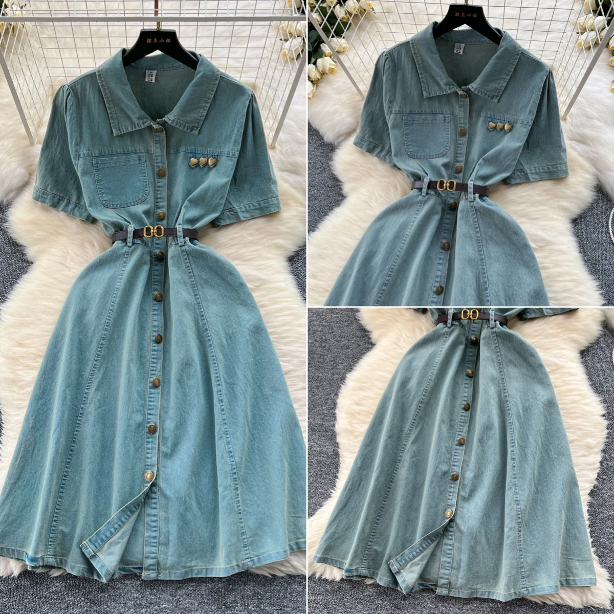

Mini Denim Dress Women Turn Down Collar A Line Dresses Short Sleeve Single Breasted Jeans Elegant High Waist Vestidos Streetwear