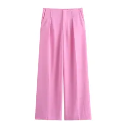 Tangada 2024 Women Pink Pants Trousers Pocket Female Wide Leg Suit Pants 6X0388