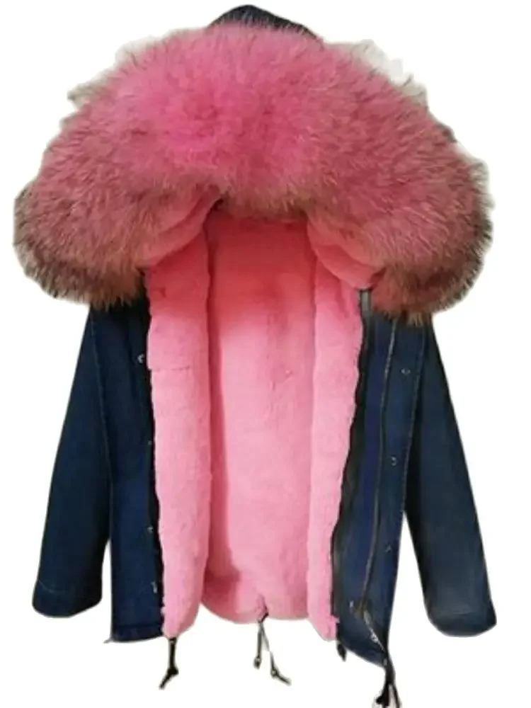 

2023 Winter Coat Women Fur Collar New Denim Parka With Real Raccoon Fur Collar Detachable Thick Fur Liner Women Clothing