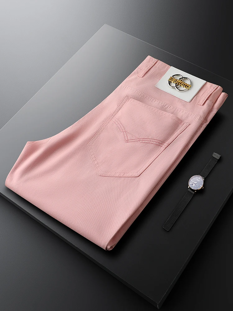 

Faionable Slim Fit Pink Casual Pants for Men Straight Leg Trendy Brand Tag Summer Lightweight Breathable Cotton Blend