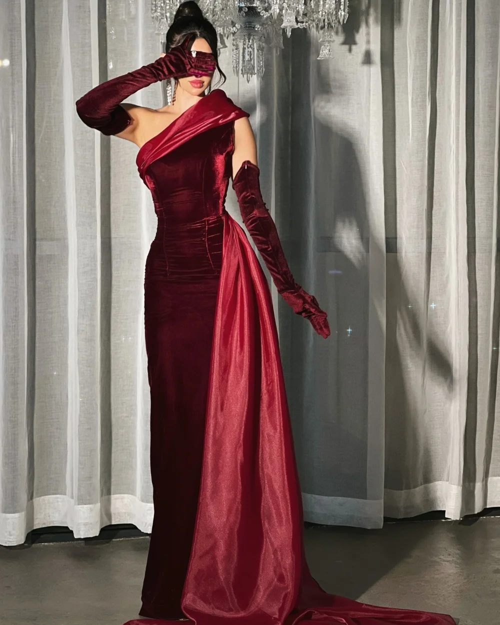 

Customized Burgundy Velour Pleat Ruched A-line One-shoulder Long Dresses for Woman Evening Dresses Sizes Available High Quality