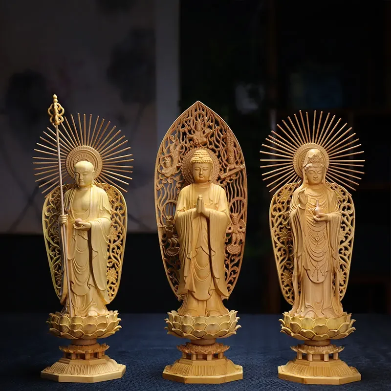 

28cm Feng Shui Boxwood Three Buddha Sculpture Shakyamuni Wood Carving Guanyin Ksitigarbha Statue Home Decor Home Crafts