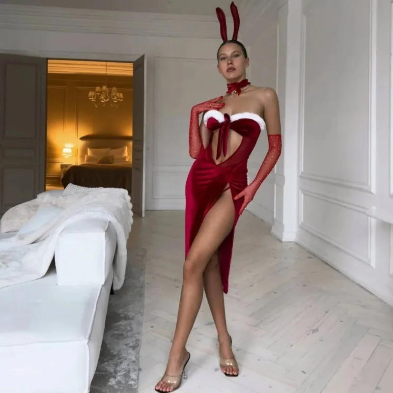 Toucheart-traje de conejito erótico de Navidad para pijama de uniforme de coqueteo de terciopelo Sexy, ropa interior íntima seductora