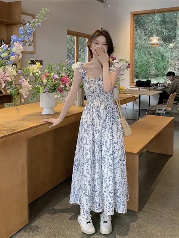فستان نسائي أنيق لصيف 2025 فساتين كورية عصرية بياقة مربعة وطبعة زهور وخصر نحيف وأكمام طائرة #6