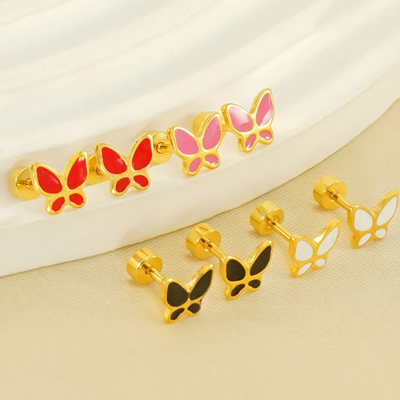 

10 шт. модные универсальные ювелирные изделия из нержавеющей стали, позолоченные серьги-гвоздики с цветной эмалью и бабочкой для женщин
