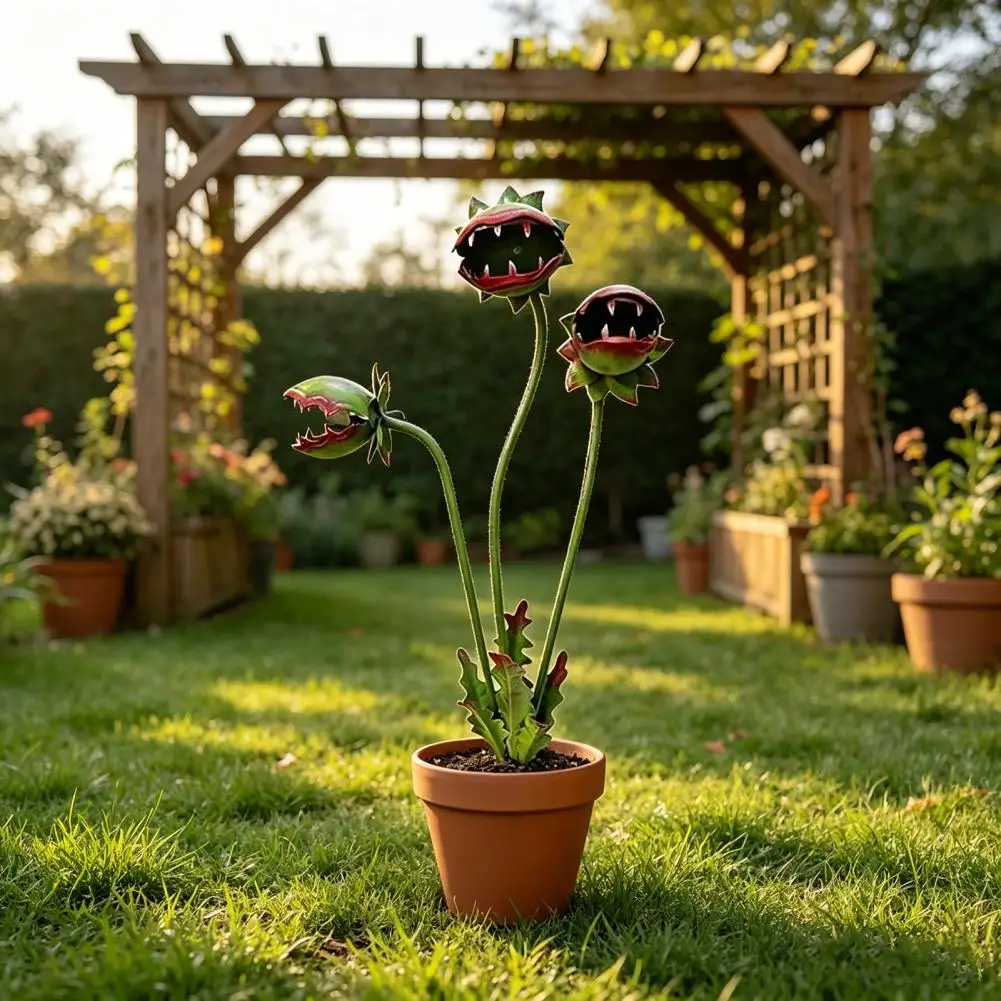Handgefertigter Metall-Gartenstecker mit Fleischfresser-Pflanze, Rostfrei und Regenfest, Gartendekoration für Blumenbeet, Terrasse, Pflanzgefäß und Außenrasen – Detail 9