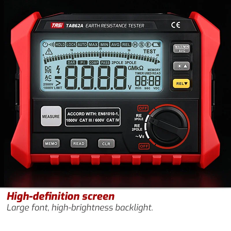 TASI TA862A 4000 Ohm Earth Resistance Meter 2-Pole 3-Pole Digital Ground Resistance Tester