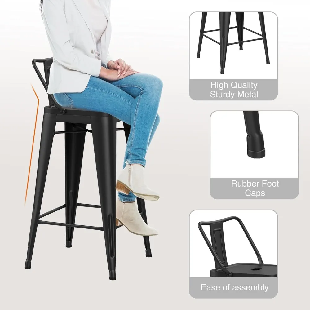 Conjunto de bancos de bar de metal de 30 polegadas com 4 bancos de altura com encosto Cadeiras de bar industriais com encosto baixo para ambientes internos e externos