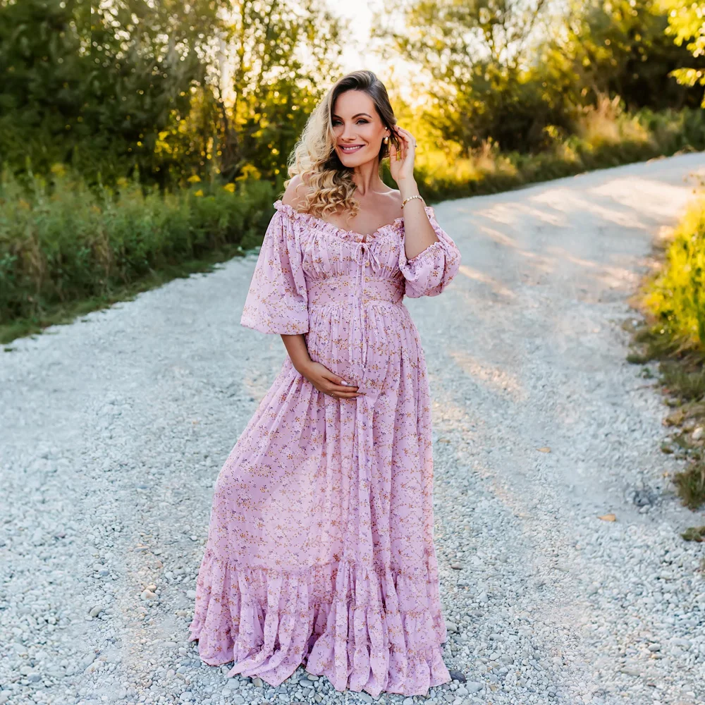 Maternity Dresses For Baby Showers Elegant Printed Chiffon Long Sleeved One Shoulder Dress Photo Shoot Dress For Women