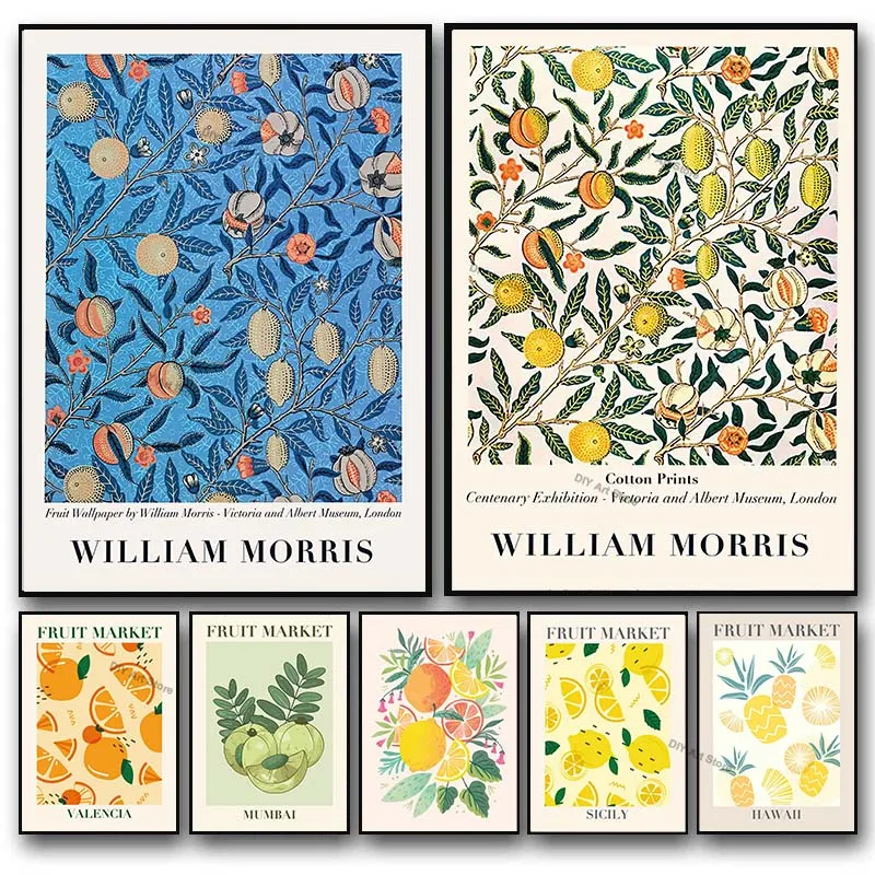 Vintage William Morris Fruit Market Wall Art Print Lemon Orange Peaches Canvas Poster Picture Restaurant Kitchen Room Home Decor